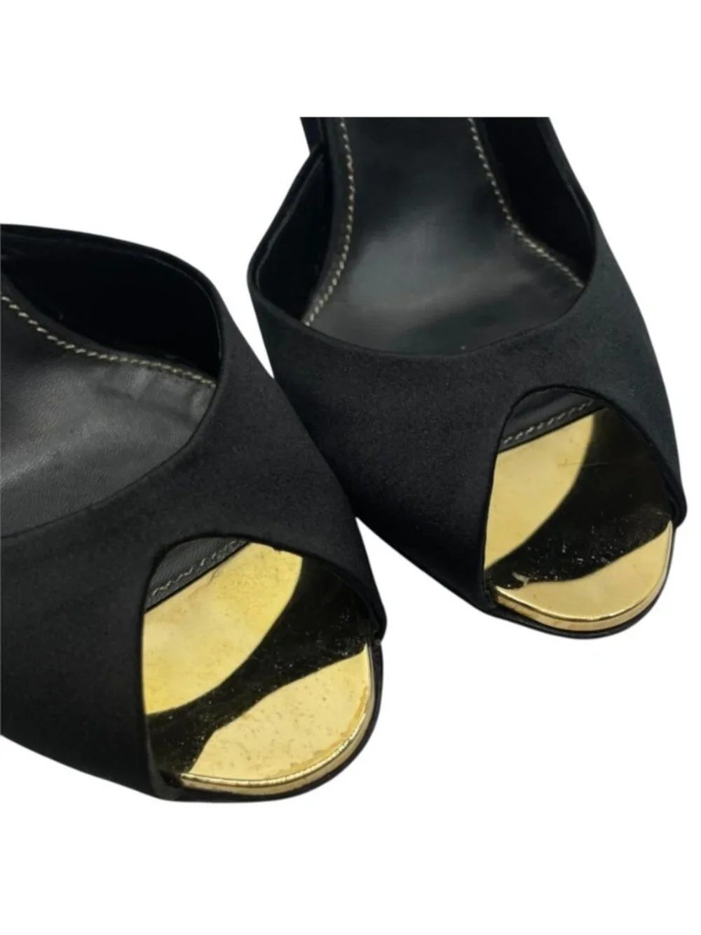 Chanel Pumps High Heels Open Toe Satin Leather Black Gold Shoes Casual